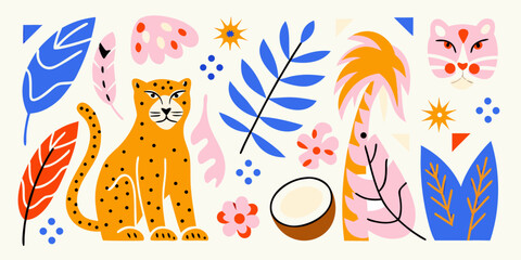 Stylized illustration of leopards with tropical leaves and flowers © Rathindranath