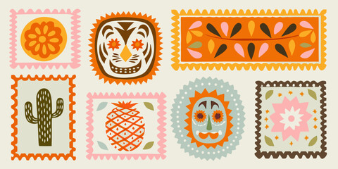 Collection of decorative postage stamp style illustrations with floral and botanical motifs © Rathindranath