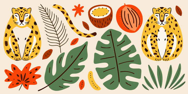 Tropical flora and fauna illustration with leopards leaves and coconuts