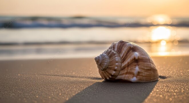 A single seashell rests on the sandy shore with ocean waves and a golden sunset in the background