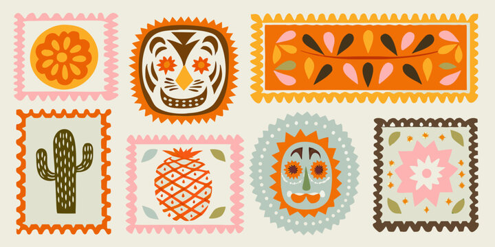 Collection of decorative postage stamp style illustrations with floral and botanical motifs