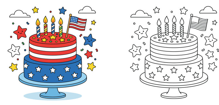 Cute Patriotic 4th of July Cake with American Flag and Candles, Kids Coloring Page and Color Illustration Set, Independence Day Celebration Food Vector Graphic for Kids