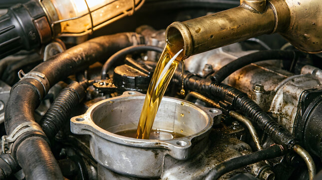 Motor oil being poured into engine reservoir during automotive maintenance close-up