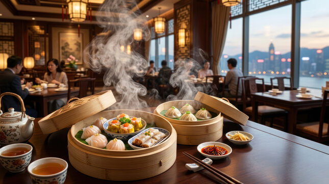 Steaming Dim Sum Restaurant Banner At Sunset