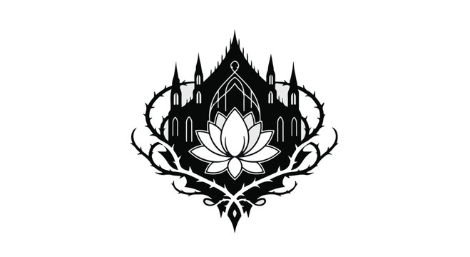 Castle silhouette surrounded by thorns and a blooming lotus creates a dark fantasy.