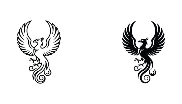 Phoenix rising mythical bird icon outline and solid silhouette graphic vector illustration legend