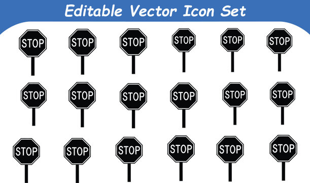 Editable vector icon set of octagonal stop signs, essential for traffic and safety information