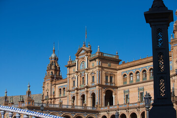 Obraz premium The Spanish Square monument in Seville, Andalusia, Spain. It is a popular tourist attraction and is frequently photographed for social media and the city’s tourism websites.