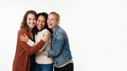 Fototapeta premium Three diverse young women friends hugging and laughing together in a studio with a white background