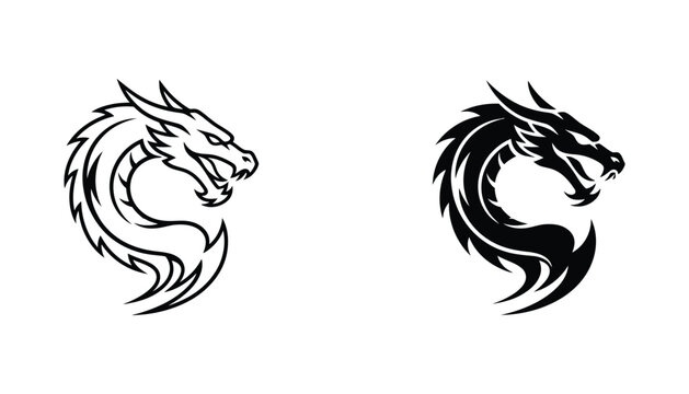 Ferocious dragon head profile icon vector outline and silhouette for fantasy or tribal designs