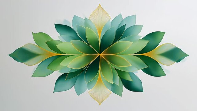 Abstract mystical bloom spirograph mandala drawing features vibrant green and yellow leaf patterns, showcasing intricate designs and smooth gradients