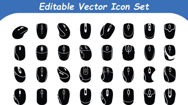 Vector icon set of various computer mice pointing devices in silhouette with pointing device