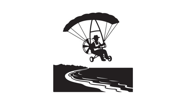 Powered paraglider silhouette flying over beach coastline, motorized paragliding pilot vector, black and white extreme sports aviation illustration