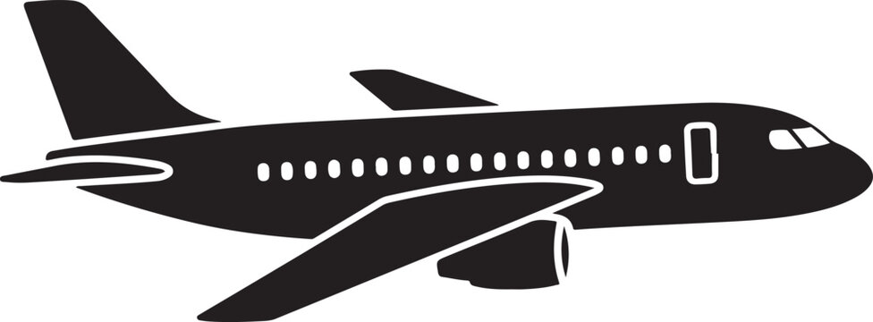 Black airplane silhouette vector icon, commercial passenger jet flying side view, minimalist aircraft transport symbol for travel and aviation design