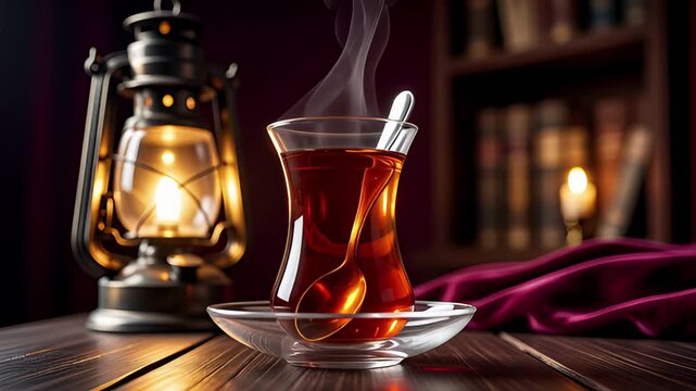 A Turkish glass of hot tea with a spoon rests on a saucer next to a vintage lantern and books on a wooden table, creating a warm atmosphere