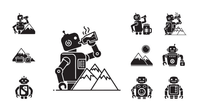 Retro robot character icon set, vintage android drinking coffee in mountain landscape, black and white minimalist robot vector collection