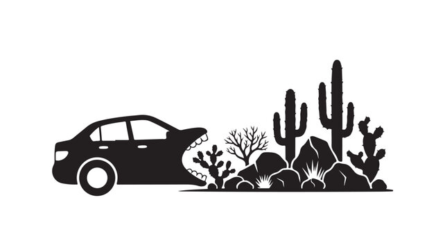 Surreal desert car monster silhouette, black sedan with sharp teeth eating cactus and rocks, creative automotive landscape vector illustration