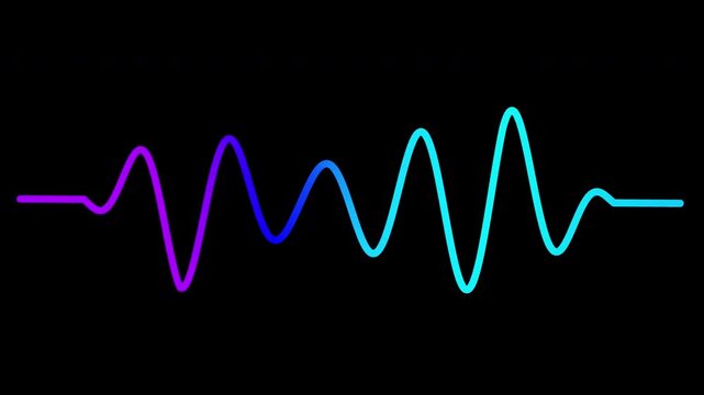 Animated gradient wavy line oscillating on a black background. A flat design motion graphic element with purple to cyan colors for audio visualization, technology interfaces, and digital content