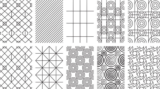 A collection of ten distinct geometric and abstract line art patterns for graphic design purposes