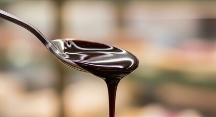 Fototapeta premium Close up of a spoon with dark chocolate syrup dripping.