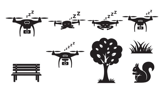 Minimalist drone silhouette icons set, black quadcopter flying and landing symbols, park environment elements with tree and squirrel vector graphics