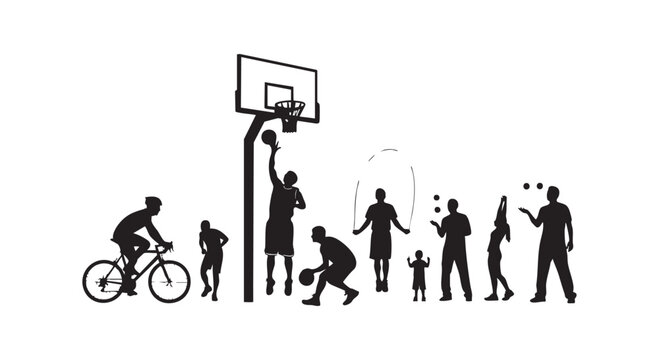 Diverse group of sports figures performing various activities including cycling basketball jumping juggling on white.