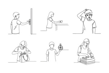Obraz premium Household and Daily Routine Activities Line Art Set – Home Lifestyle Vector Illustration Collection