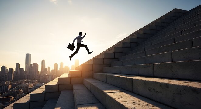 Career growth and ambition concept, silhouette of a business person carrying a briefcase jumping upward between large block stairs