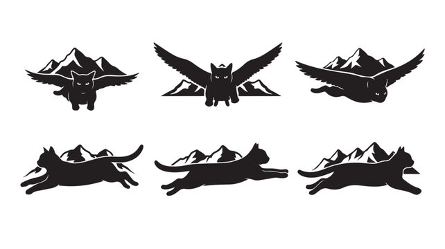 Mythical flying cat silhouettes with mountain peaks, set of 6 winged feline vector icons, black cat adventure logos for outdoor branding