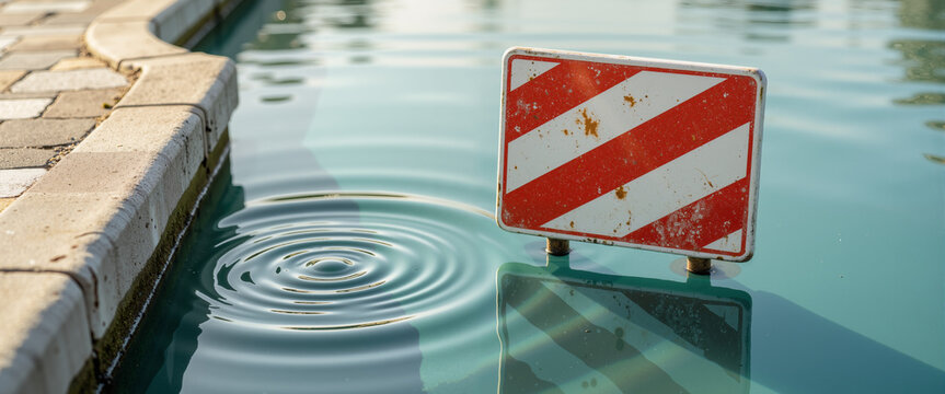 Road closed sign partially submerged in water with ripples around  