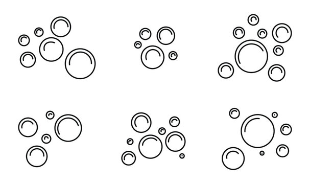Minimalist soap bubble line icons. Water foam, fizzy drink, and cleaning suds symbols for hygiene and beverage design. Professional editable EPS vector isolated on white. Soap Bubbles Line Icon Set .