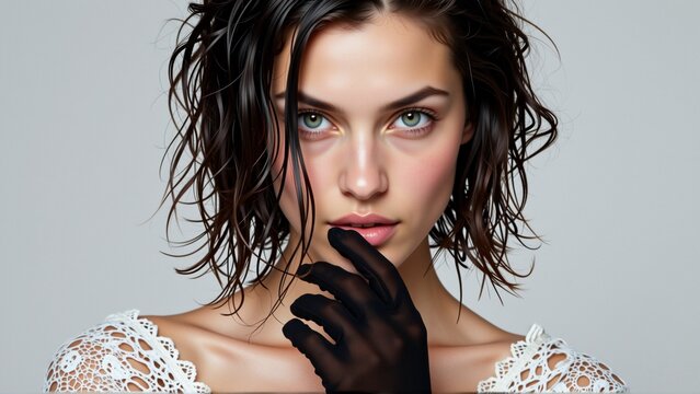 close portrait young woman face she has dark hair styled loose waves falls over her shoulders her eyes piercing blue her lips painted soft pink she wearing white lace top high neckline her hand