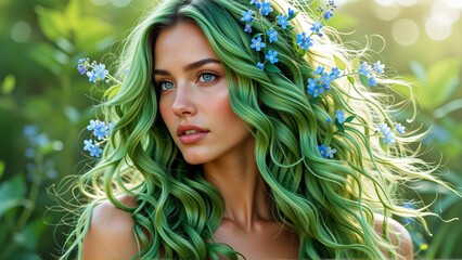 Naklejka premium portrait young woman long wavy green hair she wearing blue flower crown her head which small blue flowers woman looking directly camera serious expression her face background blurred appears garden