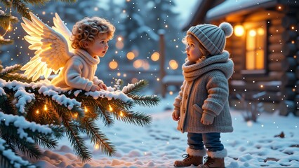 Obraz premium two young children boy girl standing front christmas tree tree covered snow small cabin background boy sitting branch tree white angel wings while girl standing next him her back camera both children