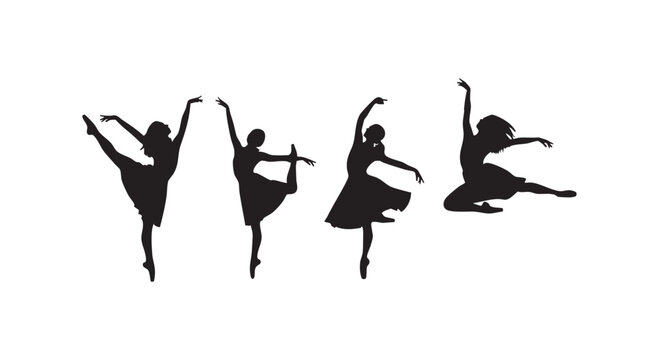 Four ballet dancers in graceful poses showcasing elegant movement and artistic expression during performance fluid dance motion.