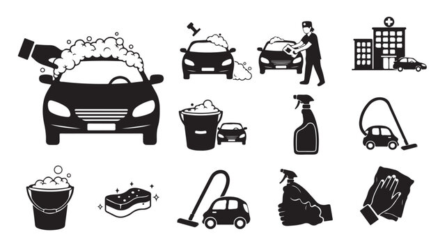 Car wash icon set with professional auto detailing symbols, vehicle cleaning service vector elements, black and white automotive maintenance graphics