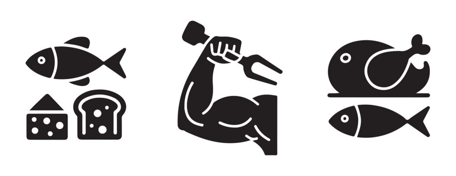 Food and strong arm icons set fish cheese bread muscle man fork roasted chicken and meal.