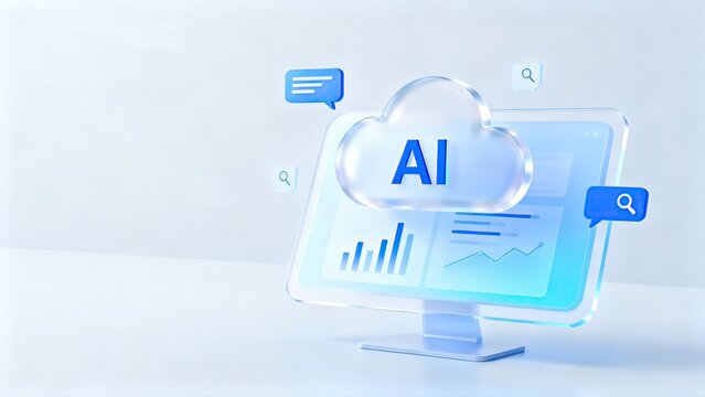 Transparent glass computer monitor with glowing AI cloud symbol and floating search chat bubbles on light background represents cloud artificial intelligence computing service