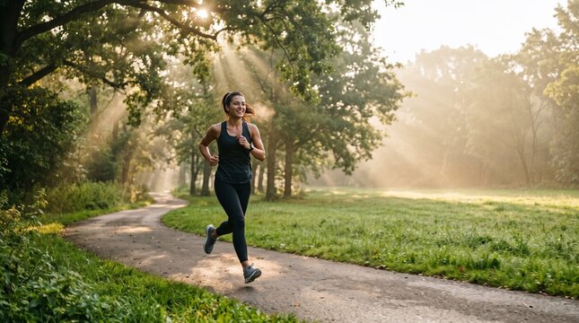 Woman jogging on a park path.