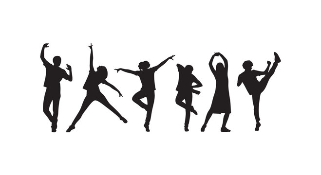 Group of black silhouettes representing diverse people dancing and posing energetically on simple plain white ground.