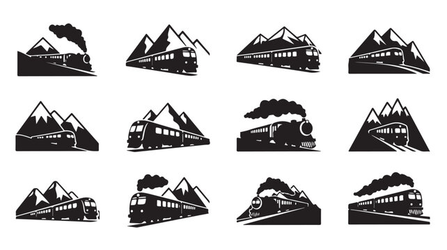 Vintage train mountain logos, set of 12 black locomotive icons, steam engine and modern railway transport vectors, mountain travel symbols