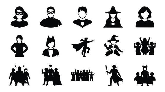 Set of 15 Black and White Avatar Superhero and Fantasy Character Icons Vector