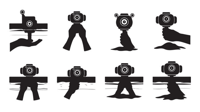 Vintage movie camera silhouettes, retro film production icons set, black cinema equipment vector graphics for filmmaking and video editing