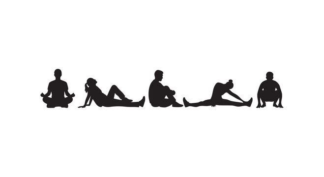 Group of diverse people in various relaxed and stretching poses, suitable for yoga and wellness concepts.
