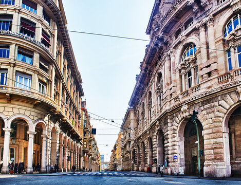 view of Via XX Settembre in Genoa, Italy, looking from the central square, Europe 