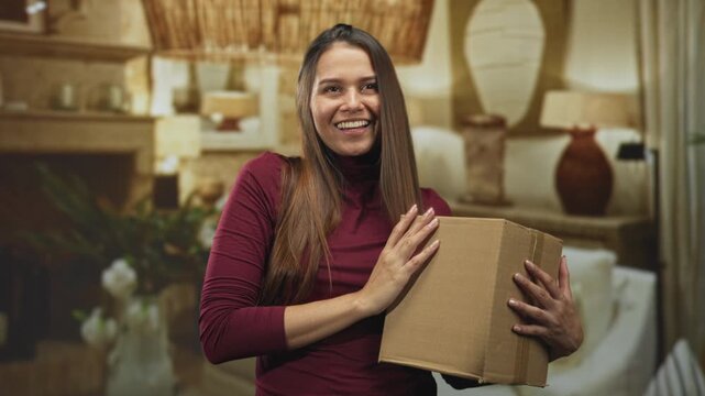 Woman holding a cardboard box with both hands, smiling and touching hair in a studio living room set; happy anticipation.