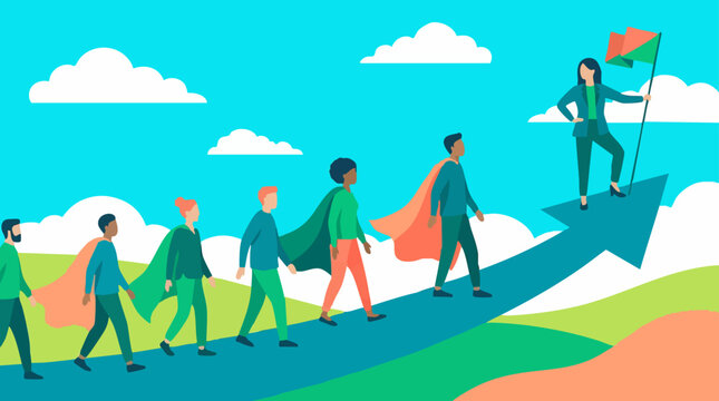 Diverse team on an upward path led by a woman with a flag, symbolizing leadership