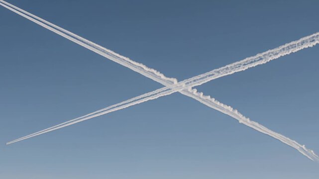 Contrails Forming X Shape in Blue Sky, Static Shot for Aviation and Travel