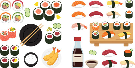 Japanese Sushi and Maki Roll Food Collection with Nigiri Tempura and Soy Sauce Vector Illustration Set © Najir