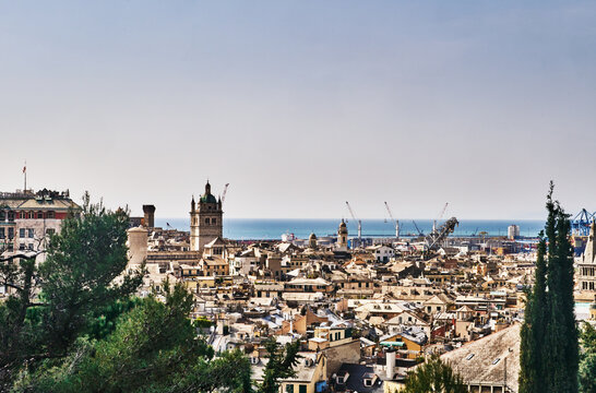 panoramic view of Genoa, Italy, overlooking the dense roofs of the historic center toward the Mediterranean Sea, Europe 